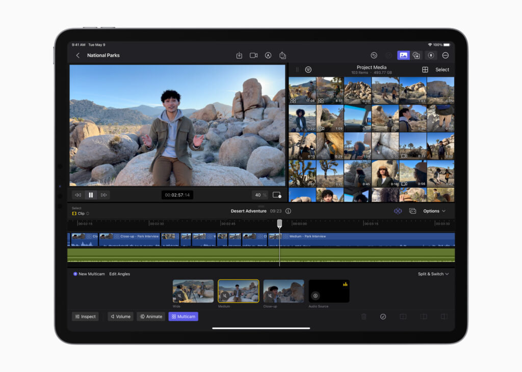 Apple-iPad-Final-Cut-Pro-multicam-video-editing Source: Apple Inc. https://www.apple.com/newsroom/2023/05/apple-brings-final-cut-pro-and-logic-pro-to-ipad/